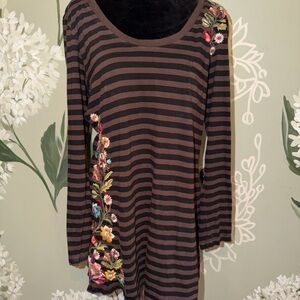 Johnny Was Brown and Black Striped Embroidered Tunic